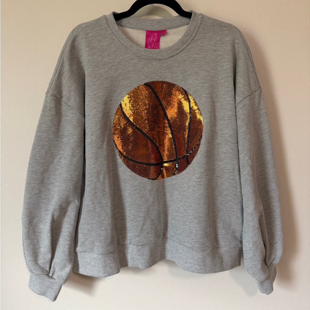 NWT Queen of Sparkles sequin basketball motif grey super soft pullover sz small